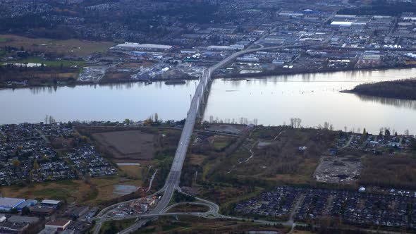 Golden Ears Bridge over Swollen Fraser River After Recent Flood AERIAL alt