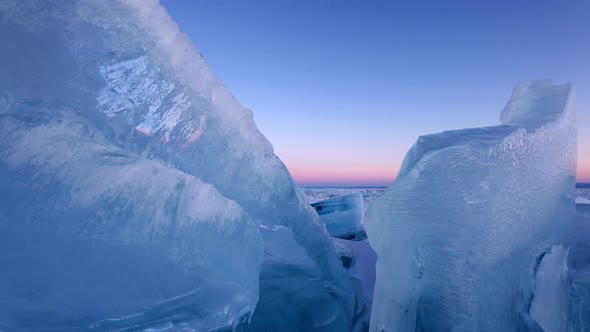 Huge Blue Ice Hummocks on Frozen Surface of Baikal Lake