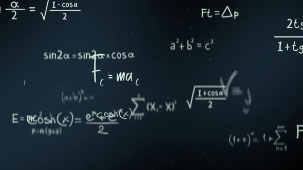 Animation of typing mathematics and physics formulas in abstract digital space alt