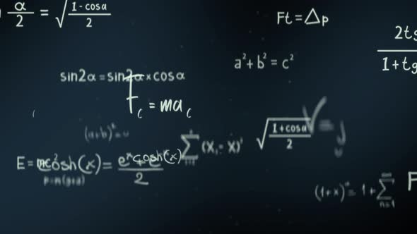 Animation of typing mathematics and physics formulas in abstract digital space