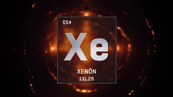Xenon as Element 54 of the Periodic Table on Orange Background in Spanish Language