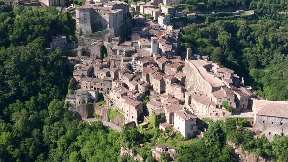 Aerial view old town Sorano, province of Grosseto, southern Tuscany, Italy