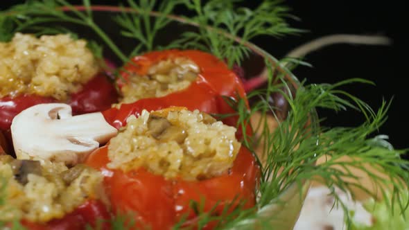Stuffed Peppers with Mushrooms Champignons in a Glass Bowl Swirls alt