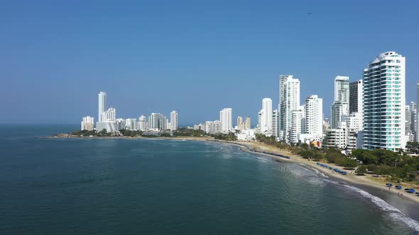Aerial View of the Caribbean Coast in a Modern Tourist Area of Cartagena Colombia