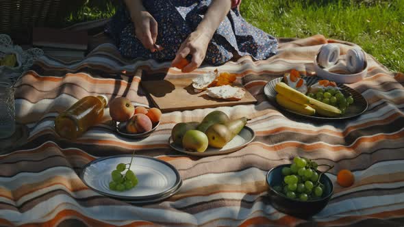 Girl Preparing Snacks and Cutting Fruits for Picnic alt
