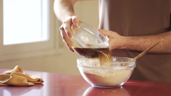 Man making vegan meat. Process, how to cook seitan alt