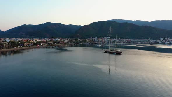 Aerial Panoramic View of Sea Bay City Buildings and Mountains alt