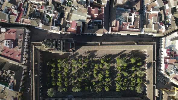 Top down aerial view of ancient Mosque-Cathedral of Cordoba (Mezquita)