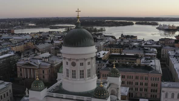 Drone flying towards Helsinki Cathedral. Close up view. alt