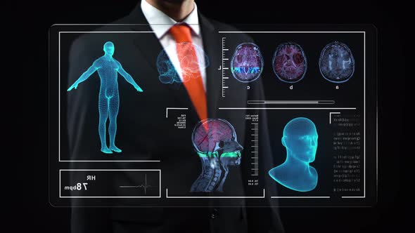 Male in Black Suit Uses Holographic Interface, Working at Technological ...