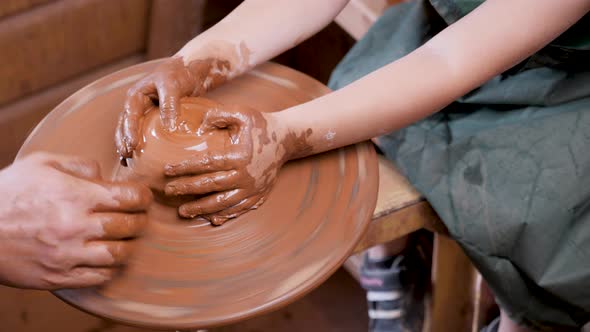 Close Up Hands Pottery Wheel Pot Clay Potter Child Craft