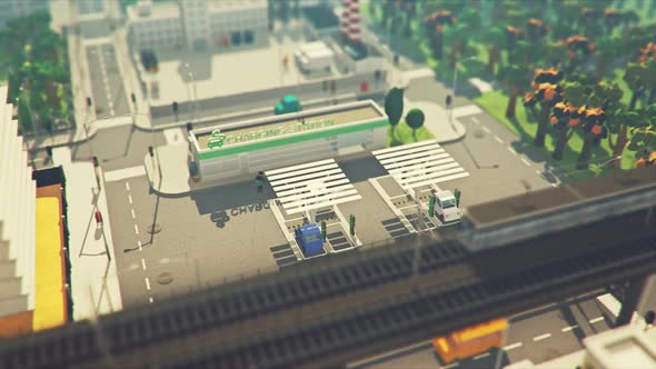 Low poly animation. View of the city with the electrical charging station.