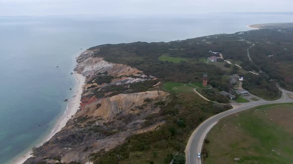 Panoramic View On The Famous Gay Head Cliffs In Cape Cod Martha's Vineyard, Massachusetts - aerial d alt