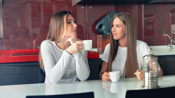Two Women Friends in a Kitchen Drinking Coffee Talking and Having Fun alt