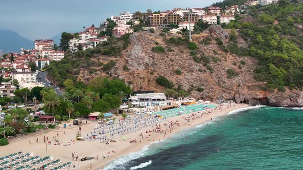 Cloudy summer beach aerial view 4 K Turkey Alanya alt