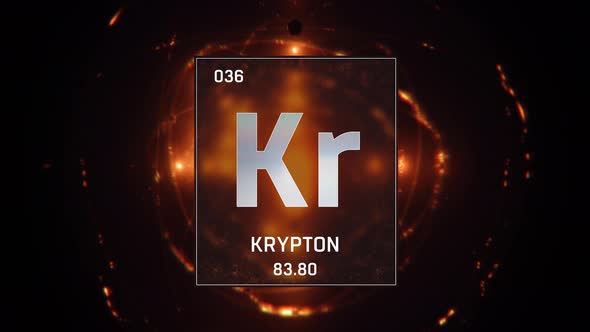 Krypton as Element 36 of the Periodic Table 3D animation on orange background
