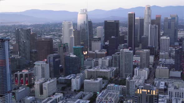 The Financial district and the Staple center in Los Angeles as seen from a helicopter
