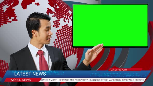 Live News Studio With Asian Male Anchor Reporting On A Story, Uses Green Chroma Key Screen alt