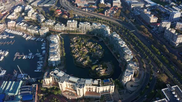 Aerial view of a man-made island in the marina district.