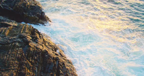 Sea Storm Landscape Footage of Ocean Blue Water and Rocks Sunny Daytime Seascape Devastating and alt