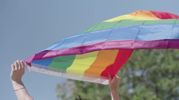 LGBTQ rainbow flag waving in slow motion during a pride parade with thousands of people