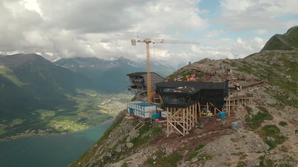 Romsdalsgondolen Crane And Eggen Restaurant Overlooking The Mountains And Fjord In Norway. - aerial alt