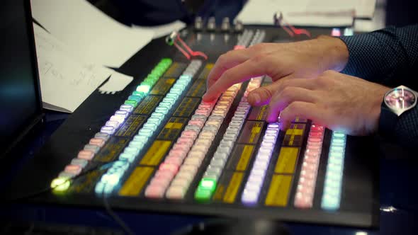 Sound Engineer Sliders In Radio Station. Engineer Press Key Buttons Control Desk Recording TV Studio alt