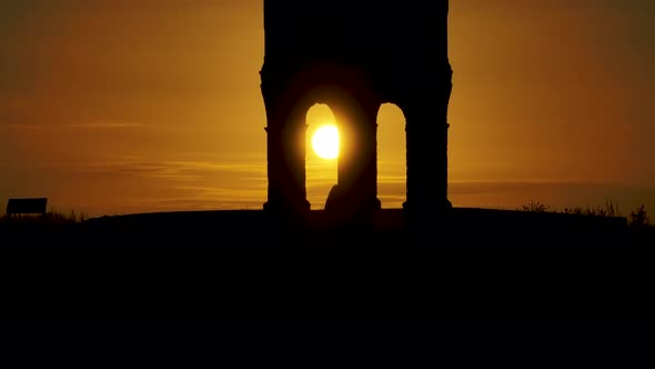 Sunrise, Ancient Arches, Chesterton Windmill Silhouette, Warwickshire, Aerial Tracking Shot