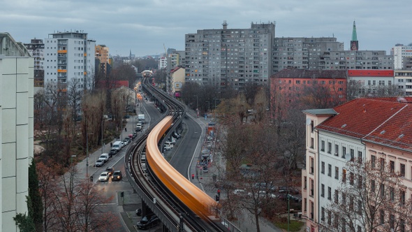 Aerial View Time Lapse of Berlin with traffic flow in Kreuzberg, Berlin, Germany alt