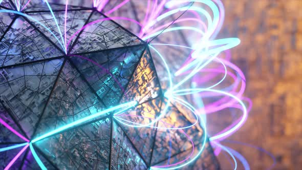 Abstract Volumetric Polygon with Connecting Neon Lines at the Corners alt