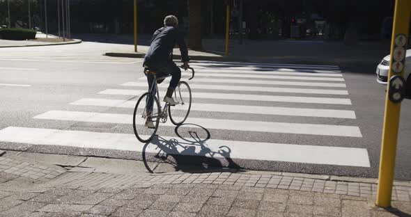 Rear view of african american senior man riding bicycle crossing the road alt