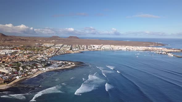 Aerial View of Waves Crashing on the Bay of Corralejo, Fuerteventura