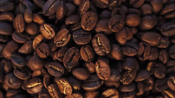 Dark Coffee Grains Rotating. Coffee Beans. Close Up of Seeds of Coffee. Beautiful Seeds of Coffee. alt
