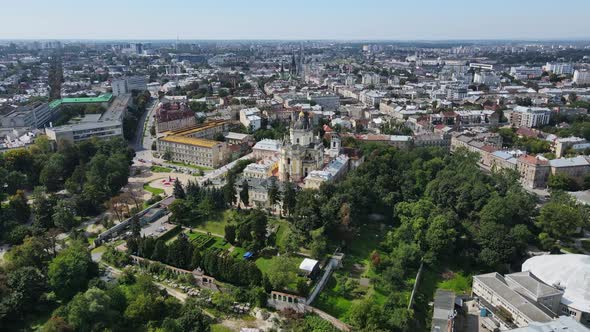 Aerial Shot The City Of Lviv. Temple Of St.Architectural Cathedral Of Saint Jur. Ukraine alt