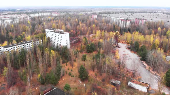Chernobyl Exclusion Zone. Pripyat. Aerial. alt