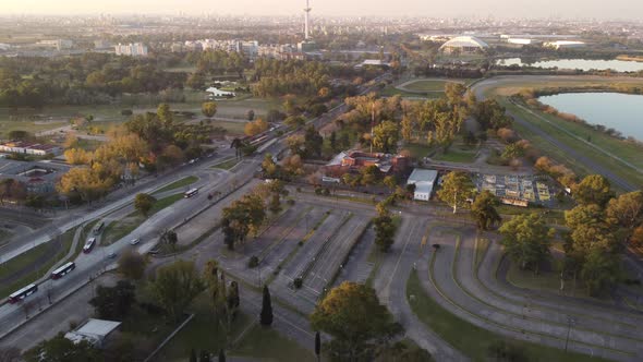 City park and cityscape at sunset in Buenos Aires Province, Argentina alt