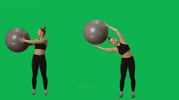 Young Woman in Sportswear Does Exercises Inclinations and Turns with the Ball alt