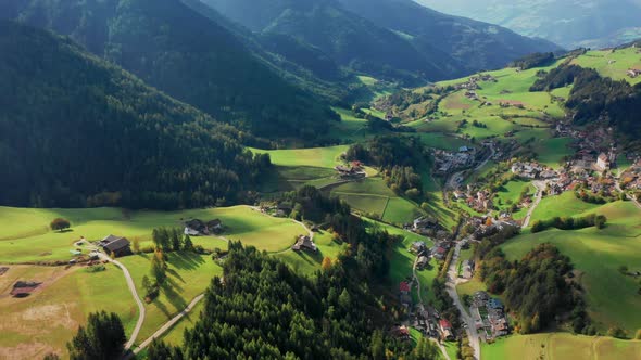 Bird's-eye View of the Valley Among the Mountains in the Province of Bolzano, Dolomites. Autumn in