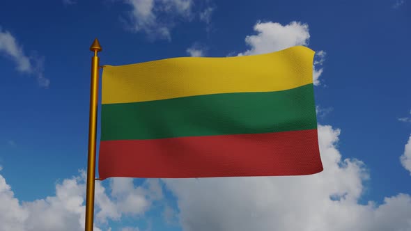 National flag of Lithuania waving with flagpole and blue sky timelapse alt