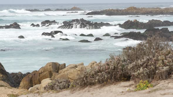 Rocky Craggy Ocean Coast Sea Water Waves Crashing on Rocks Monterey California