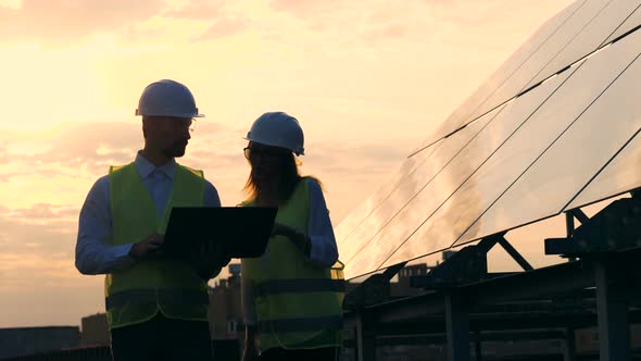 Two Workers Look at a Laptop, Walking Near Solar Panels alt