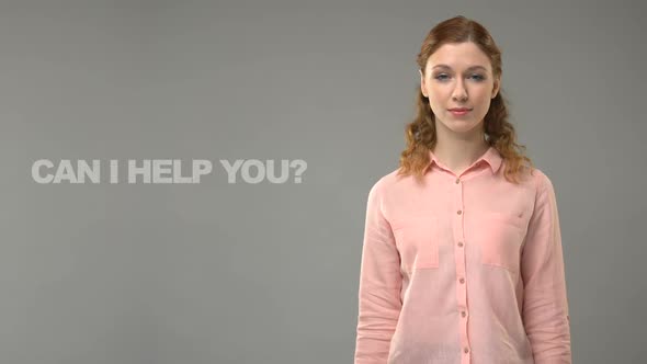Female Asking Can I Help You in Asl, Text on Background, Communication for Deaf alt