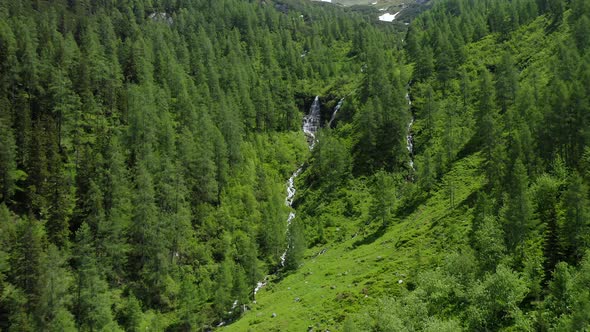 Aerial View of Small Waterfall in Pinetree Forest in Summer Season