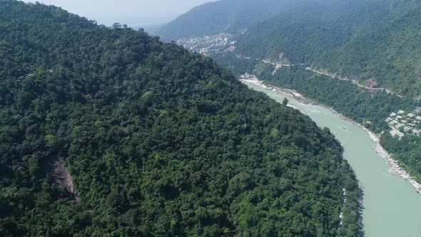 The Ganges river near Rishikesh state of Uttarakhand in India seen from the sky alt