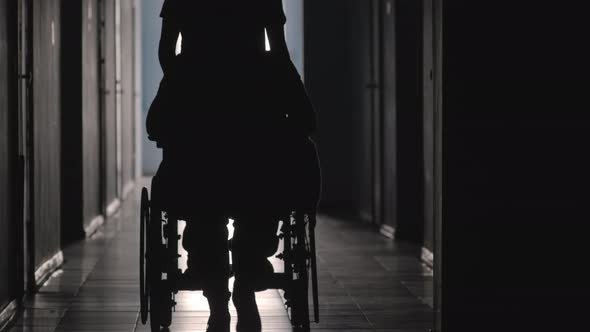 Silhouette of Woman Pushing Patient on Wheelchair along Corridor