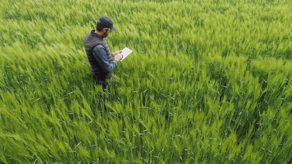 Farmer Using Digital Tablet on Agricultural Wheat Field alt