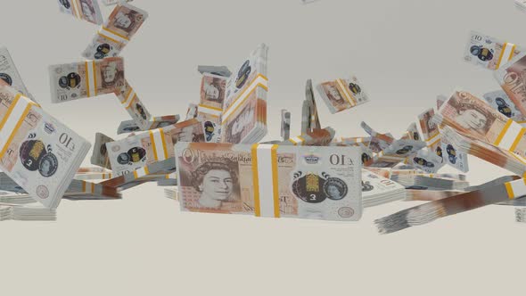 Many wads of money falling on table. 10 English Pounds banknotes. alt