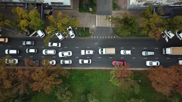 Drone Point of View: Aerial City Traffic, Top Down View of Freeway Busy City Rush Hour Traffic Jam alt