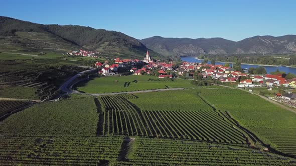 Aerial of Weisenkirchen, Wachau Valley, Austria. alt