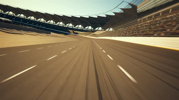 POV Race Car Speeding Along The Curve Racetrack on stadium during sport event. alt